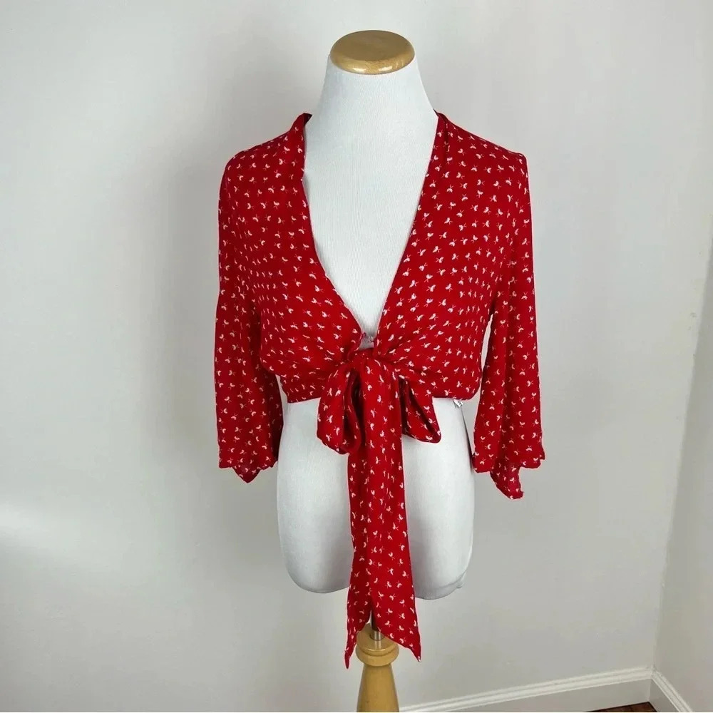 Anthropologie Faithfull The Brand Tie Front Crop Top Red Printed Size 4 B22